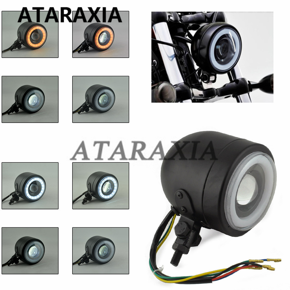 オートバイレトロ LED 駆動ヘッドライトフォグライトと白い天使の目ハーレーカフェレーサーチョッパー補助スポットライトランプ