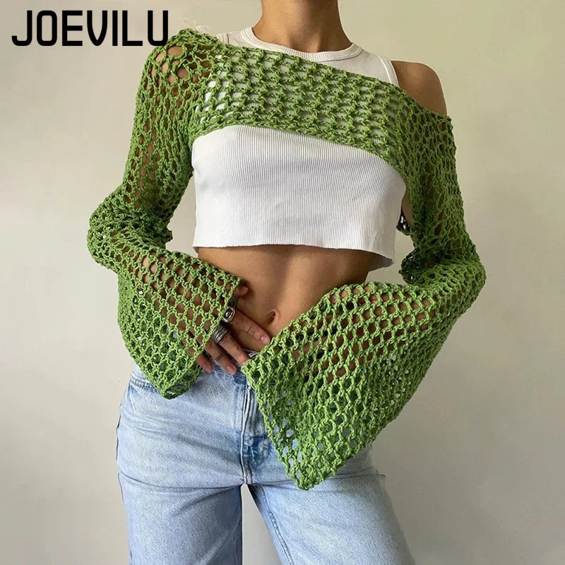 JOEVILU クロップドニットトップ特大痩身メッシュ日焼け止めカバーアップ女性の薄い長袖通気性日焼け止めブラウス