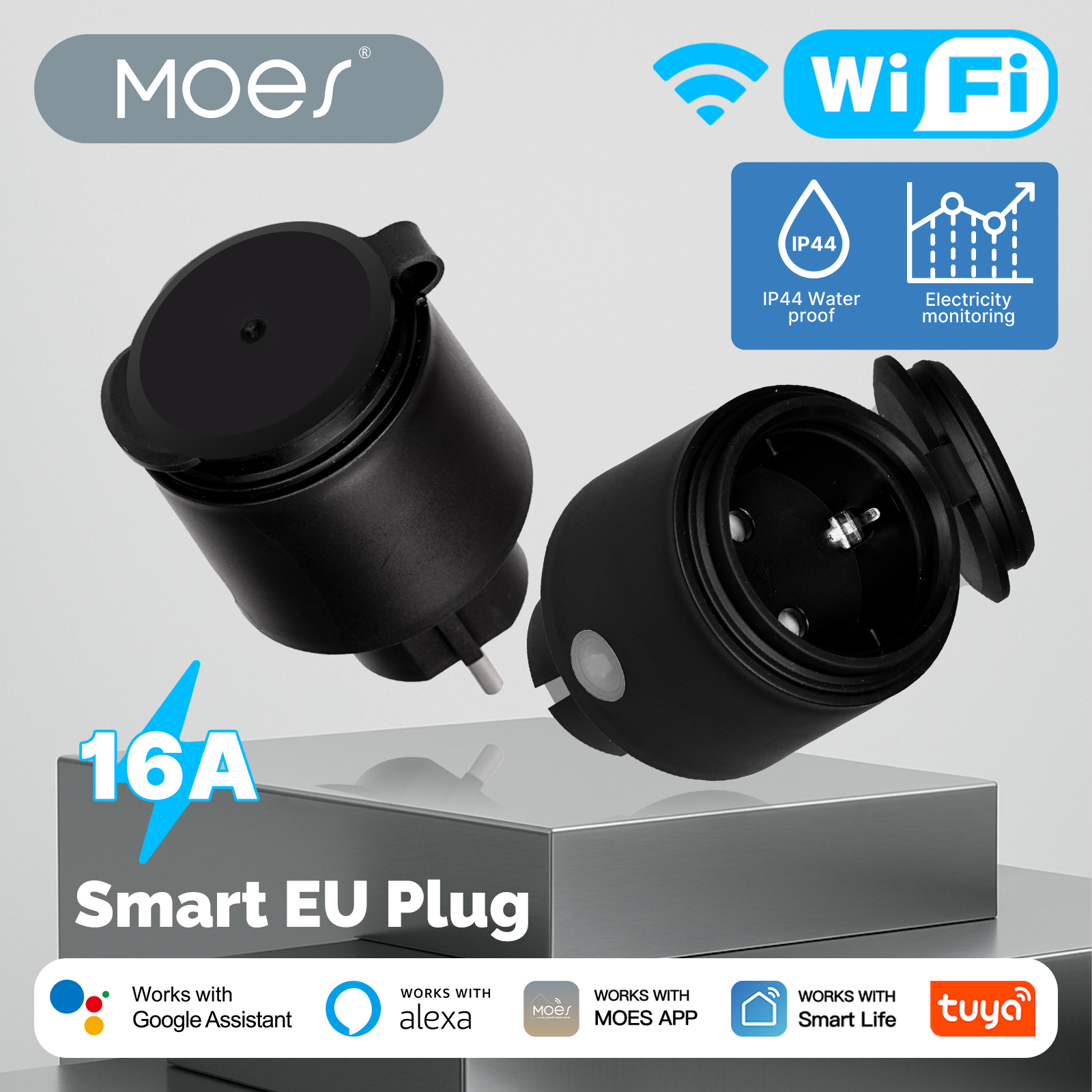 MOES Tuya WiFi スマートプラグ 16A EU ソケットコンセント IP44 防水防塵電源電気モニター Alexa Google Home と連携