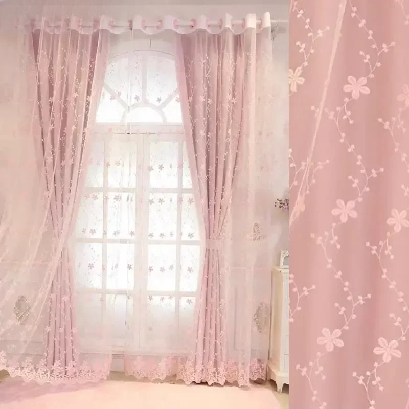 1PC 韓国ピンク薄手のプリンセスカーテン女の子子供のためのリビングルームの寝室の窓処理ロマンチックな画面なし遮光カーテン