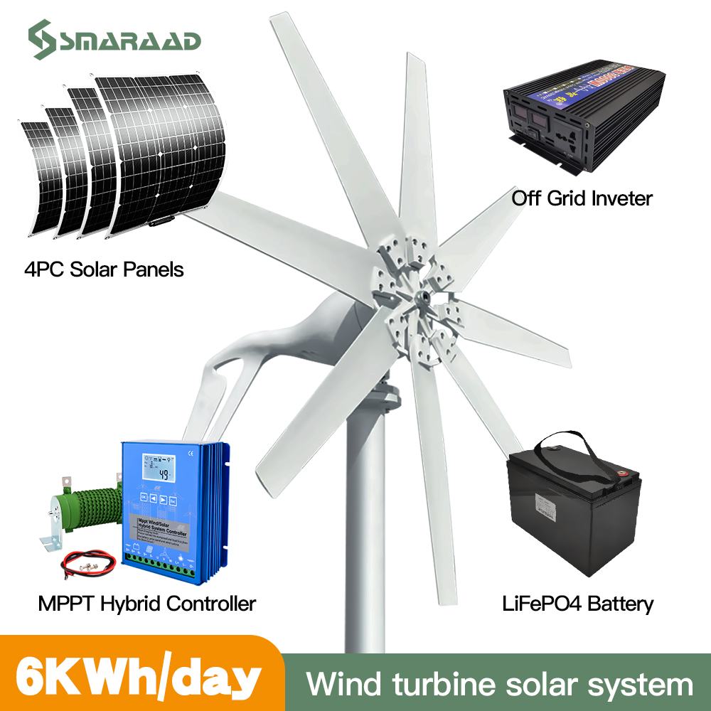 6kwh 水平風力タービン 12V 24V 48V 無料コントローラと家庭用太陽電池システム 220V