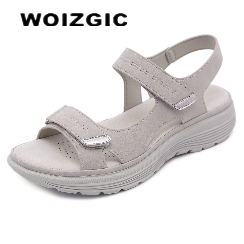 WOIZGIC レディース レディース 母 女性 PU レザー サンダル シューズ プラットフォーム 夏 クール ビーチ フック ループ ノンスリップ プラスサイズ 41 42