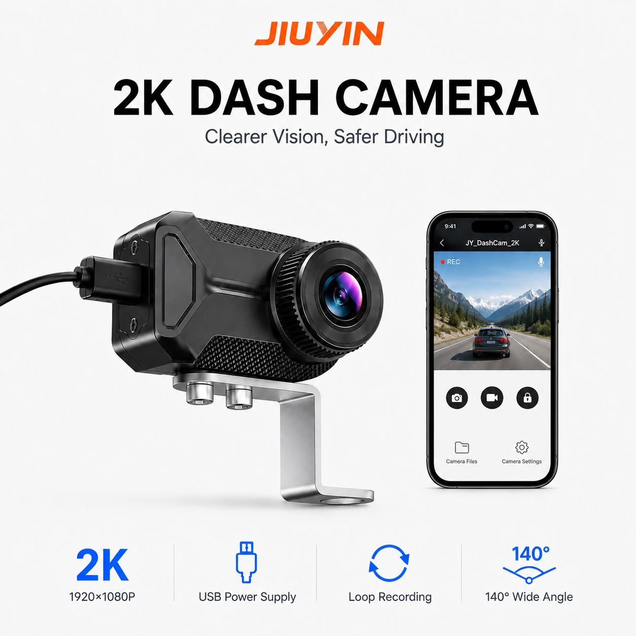 JIUYIN 2K オートバイダッシュカム 140° WiFi 防水ループ録画 USB ポート接続録画スマートフォンライブビューバイク DVR 新品