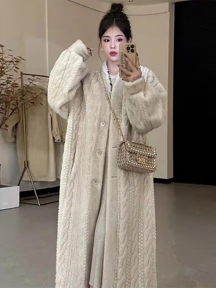 フェイクファーロングコート女性厚みツイストニット女性セーター生き抜く 2024 冬のファッションフルスリーブシングルブレスト女性ジャケット
