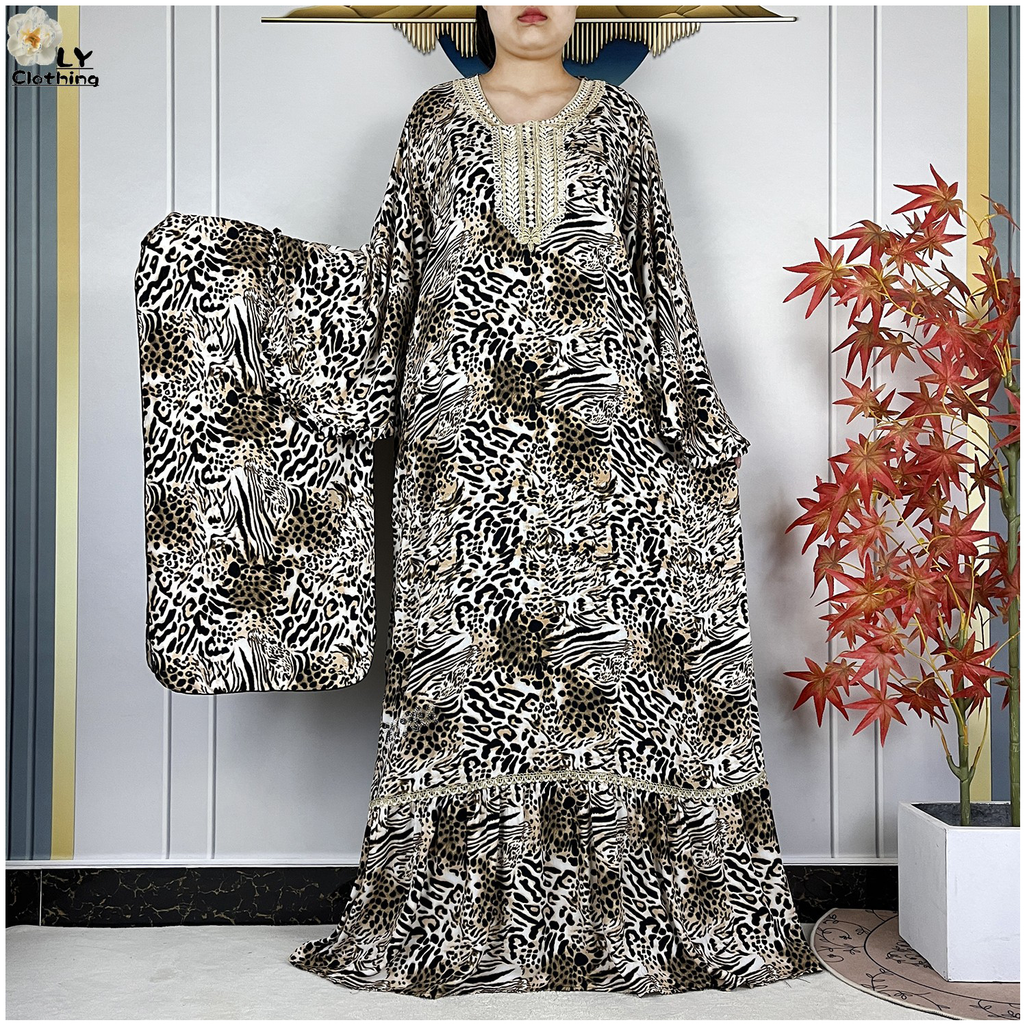 2026 Dubai Luxury Dress Leopard Print Long Sleeve Cotton Women Loose Abaya Boho Maxi Dress Casual Fashion Dress African Vestidos