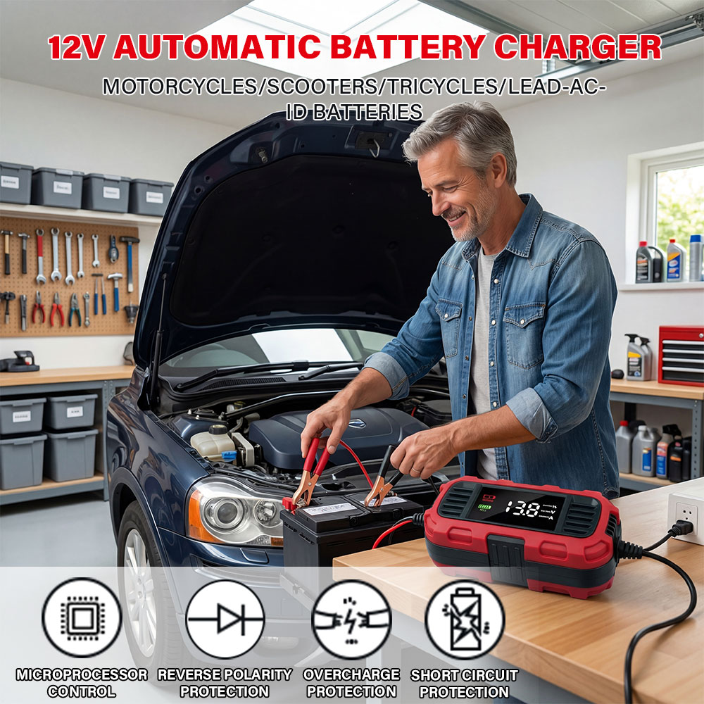 12V 2A デジタルカーバッテリー充電器、鉛蓄電池用オートバイスクーター蓄電池バッテリーのメンテナンスと充電
