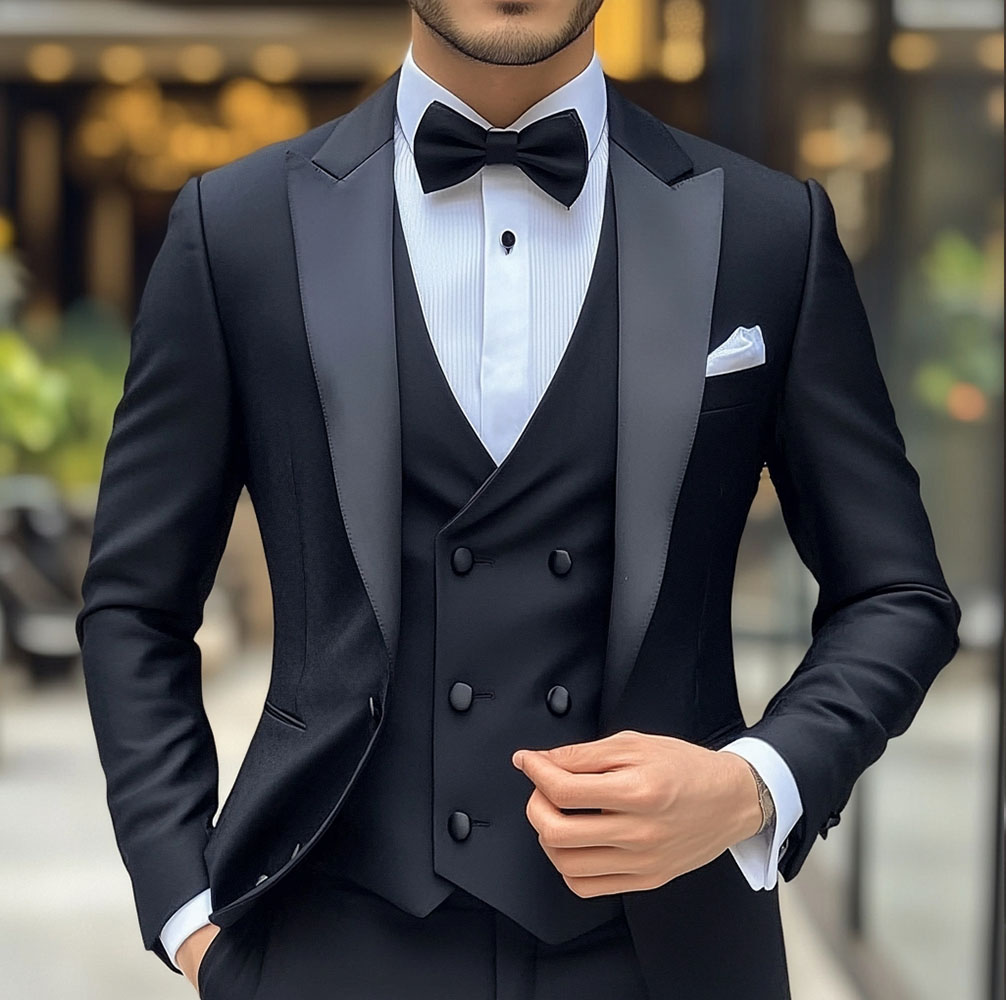 新郎の結婚式のタキシード 3 ピース スーツ メンズ ブラック スーツ ジャケット パンツ ベスト フォーマル ピーク ラペル ブレザー スリム フィット 衣装