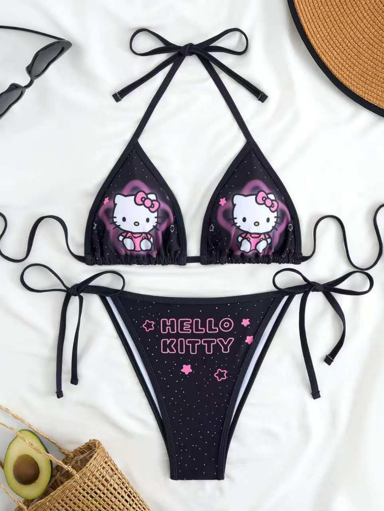 Y2K かわいいハローキティ ホルター ビキニ、黒のスター プリント タイサイド水着、夏用のかわいいアニメ水着