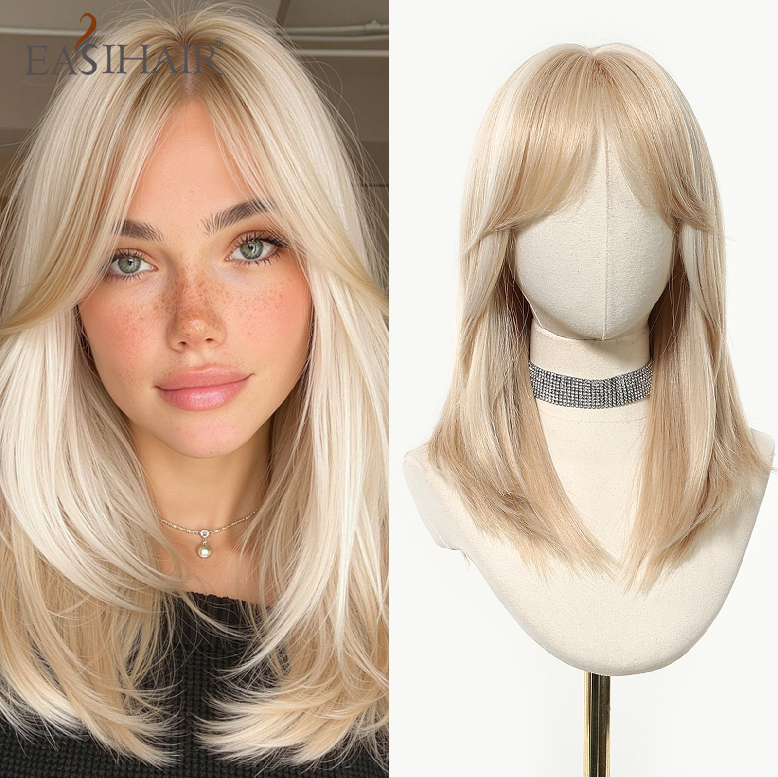 EASIHAIR ミディアムレングスブロンドストレート合成かつら女性のためのナチュラルブロンドヘアウィッグ前髪毎日コスプレ耐熱