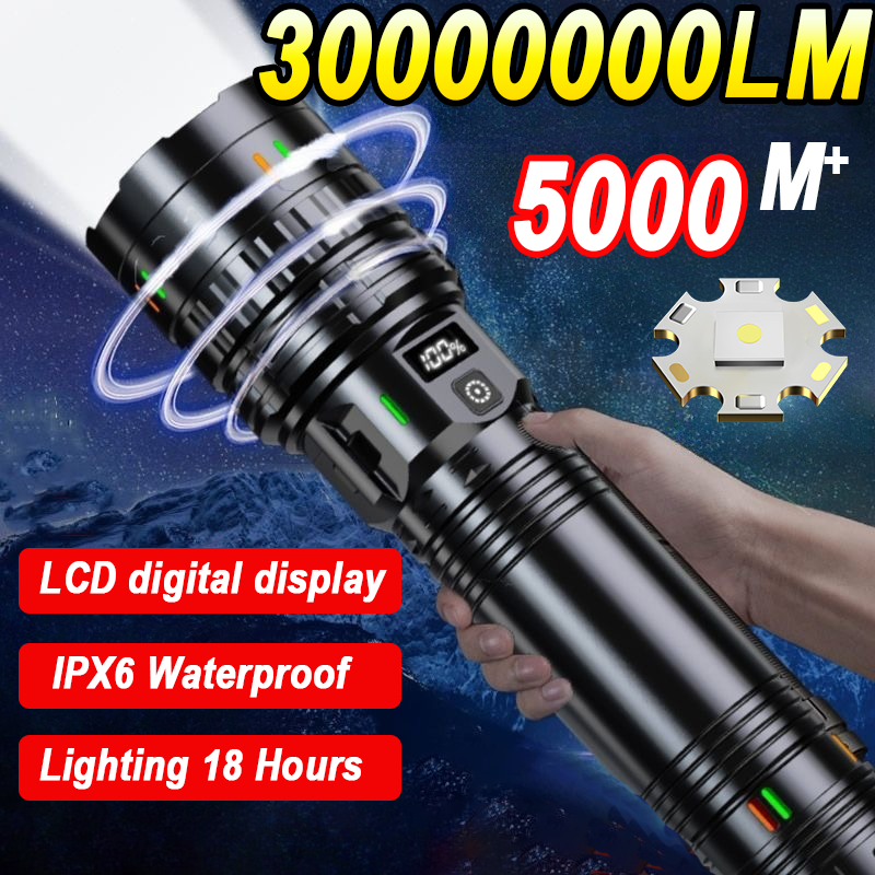 30000000LM ハイパワー LED 懐中電灯最も明るい戦術的なトーチ充電式ポータブルライトロングショット 5000 メートルキャンプ狩猟ランプ