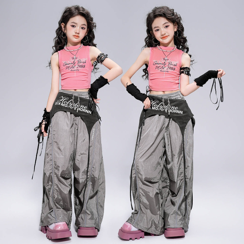 新しい女の子ヒップホップストリートダンス服ノースリーブトップスだぶだぶのパンツセットジャズ衣装グループステージパフォーマンススーツコンサート着用