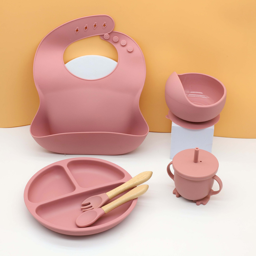 食品グレードのシリコン食器セット、よだれかけ、ボウル、プレート、ウォーターカップ、スプーン、フォーク、ベビー用品6個。