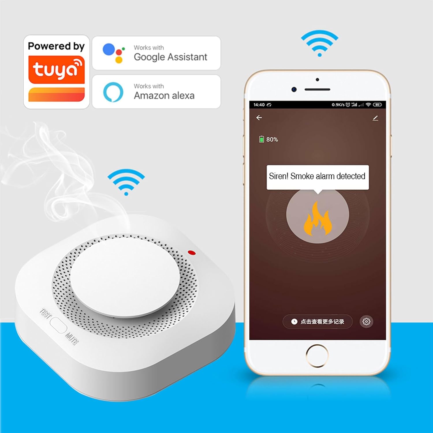 交換可能なバッテリー付きスマート煙探知器火災警報器、Wi-Fi煙探知器、リアルタイムアプリ通知