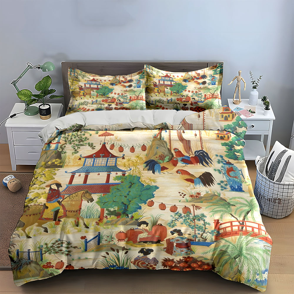 Oriental Chinese Chinoiserie Landscape Bedding Set,1 Duvet Cover 2 Pillowcase,Vintage Bed Linen For Asian Style Home Decor,Gift