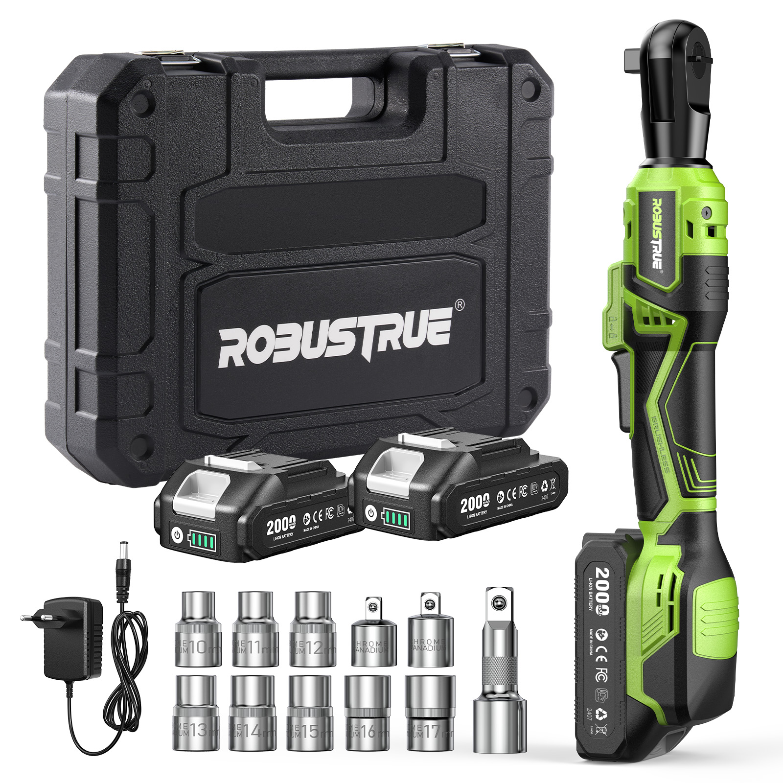 Robustrue 1/2インチ 電動ラチェットレンチ 66Ft-lbs 可変速度 コードレスパワーラチェットキット 2000mAh リチウムイオンバッテリー付き 3インチ エクステンションバー