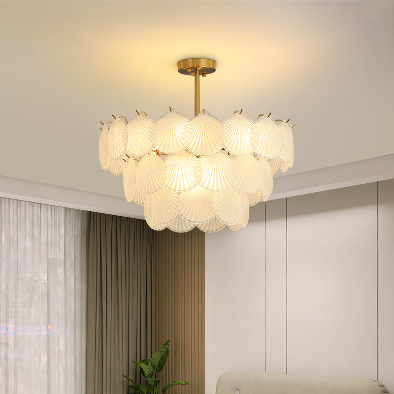 現代クリエイティブシェルガラス LED シャンデリアリビングルームホームペンダントランプ寝室レストラン屋内照明装飾器具