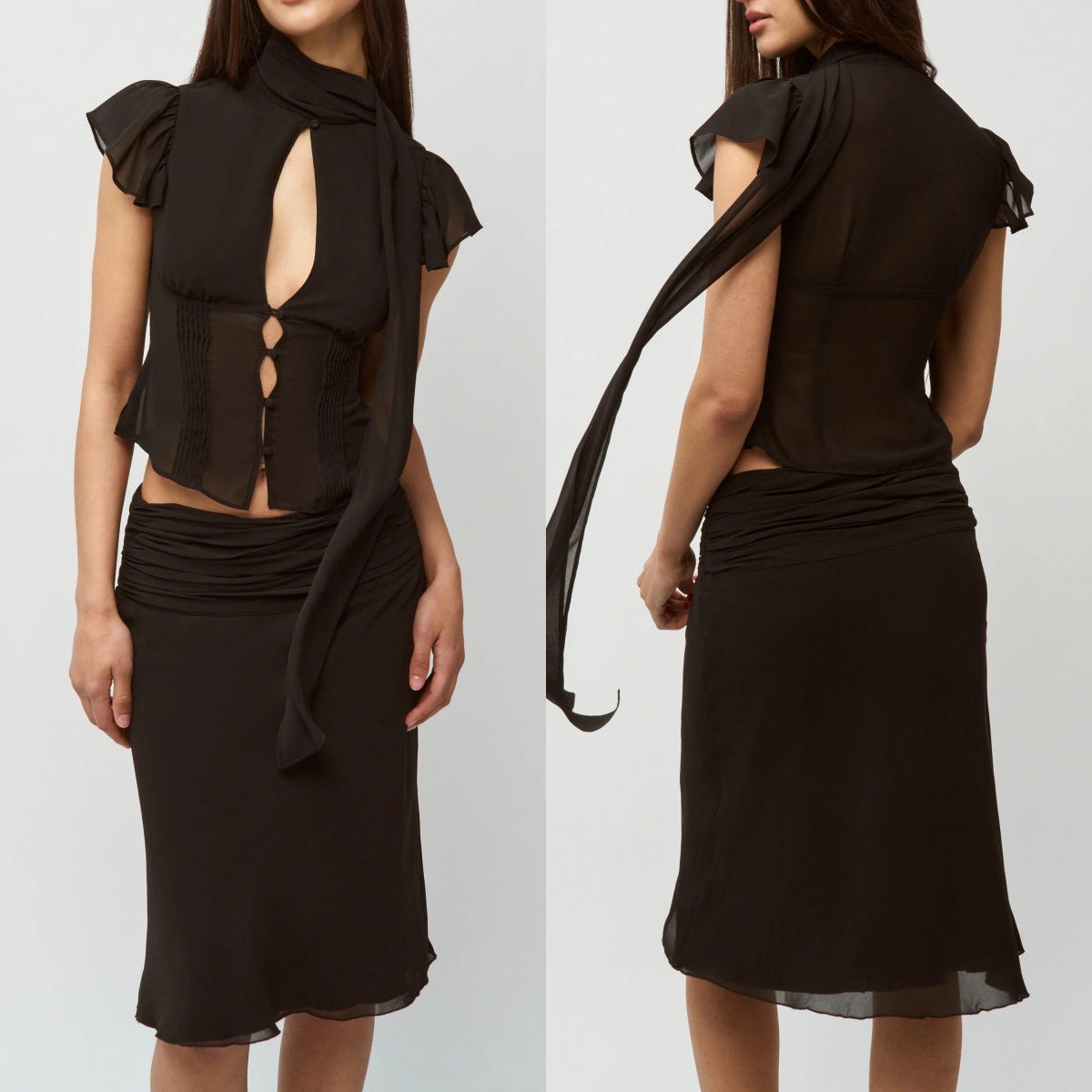 Guz French-Style Retro Chiffon Set for Women with Ribbon Collar, Hollow-Out Buttoned Waist-Cinching Top with Small Flutter Sleeves, Pleated Fishtail Skirt Two-Piece Set, Sheer Chiffon Top with Ribbons