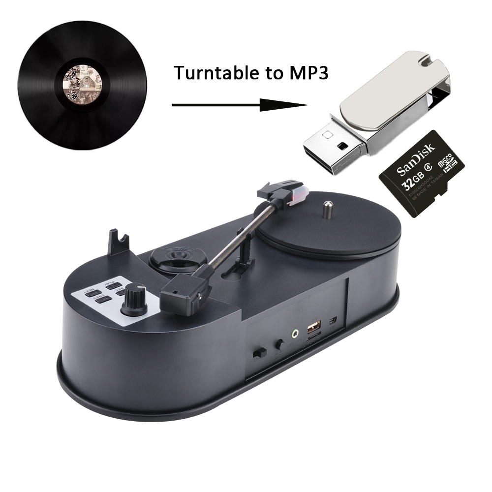 ポータブル蓄音機 33/45回転ターンテーブルプレーヤーコンバーター レコードをMP3 TFカード/USBに保存 内蔵スピーカー PC不要