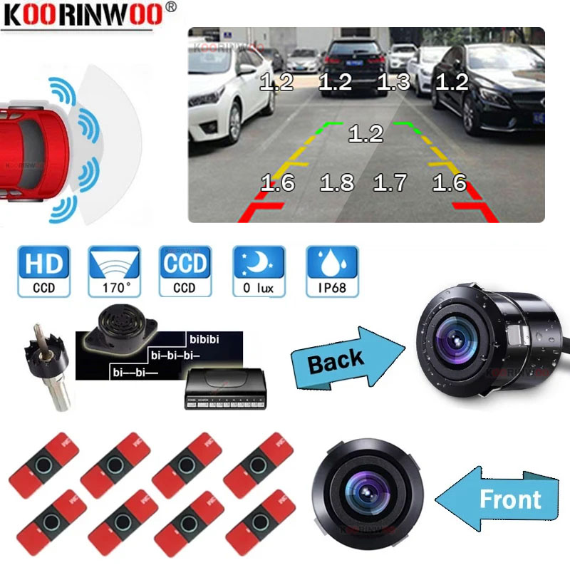 Koorinwoo スマートシステムオリジナルフラット駐車場センサーキットフロントシステムリアビューカメラレーダー探知機カープレーヤーモニター