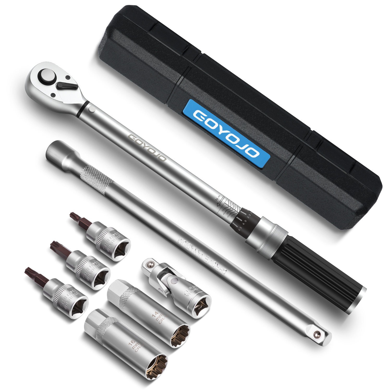 GOYOJO 8-Pcs 3/8" Torque Wrench Kit (10-60Nm) , Ultra-Thin Magnetic Spark Plug Socket Set  Kit for Vehicle Maintenance, Brake & Suspension System Work, Tire Bolt Tightening, Chassis Component, &Engine