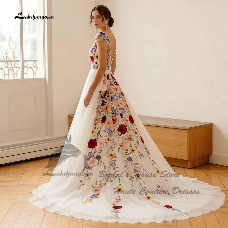 Lakshmigown セクシーなボヘミアンブライダルドレス A ラインシフォンウェディングドレス花刺繍レースビーチ花嫁ドレス 2026 新着