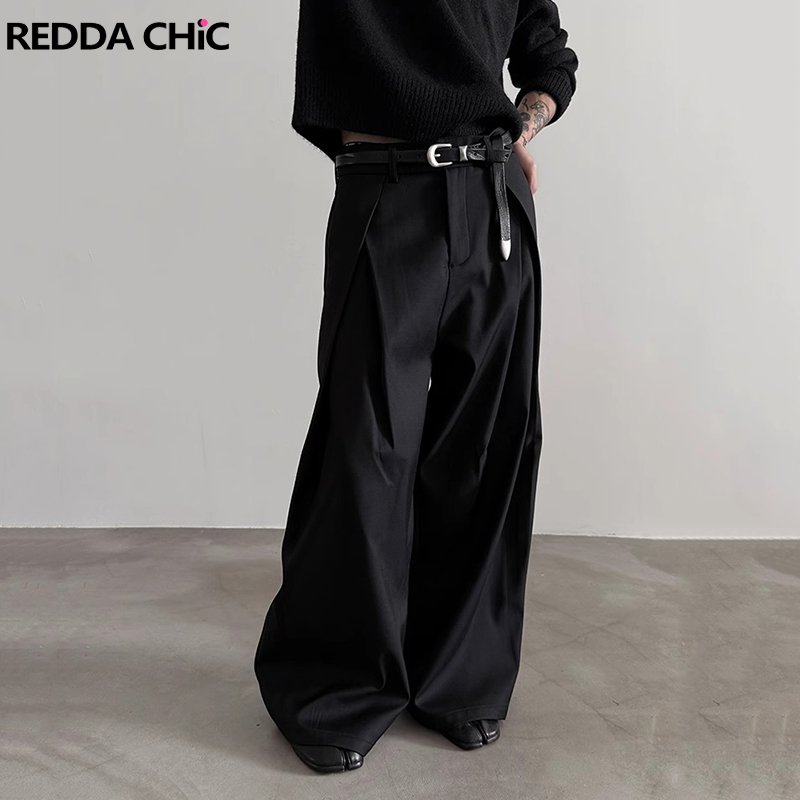 REDDACHiC メンズ プリーツ フロント ワイドレッグ パンツ クリーンフィット ブラック ソリッド ローウエスト ドレッシーなズボン ユニセックス オフィス ワーク カジュアル 服
