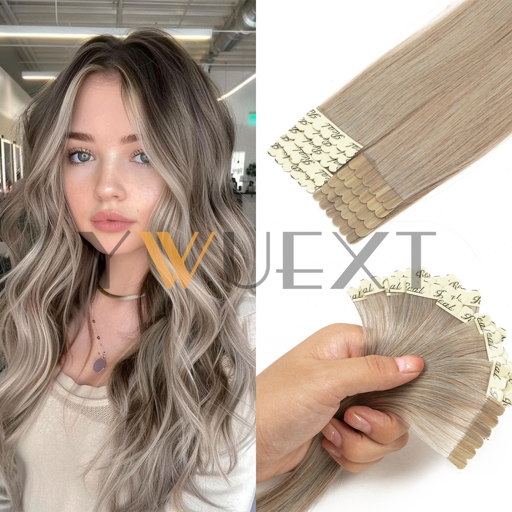 アッシュブロンドカラー 12 "-24" ミニテープヘアエクステンション 10 ピース/パック機械製レミーヘアシームレス接着剤本物の人毛 fow 女性