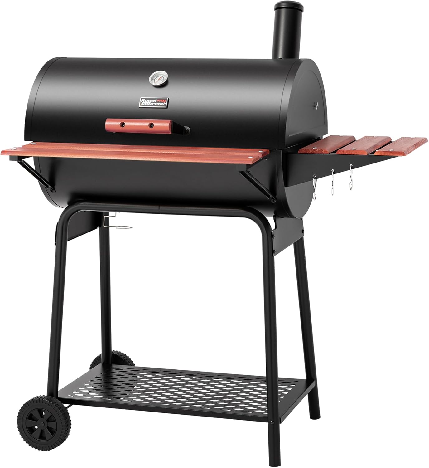 チャコールBBQバレルグリル、30インチ、木目調フロントサイドテーブル付き、調理面627平方インチ、屋外パティオ、裏庭、パーティーに最適、ブラック
