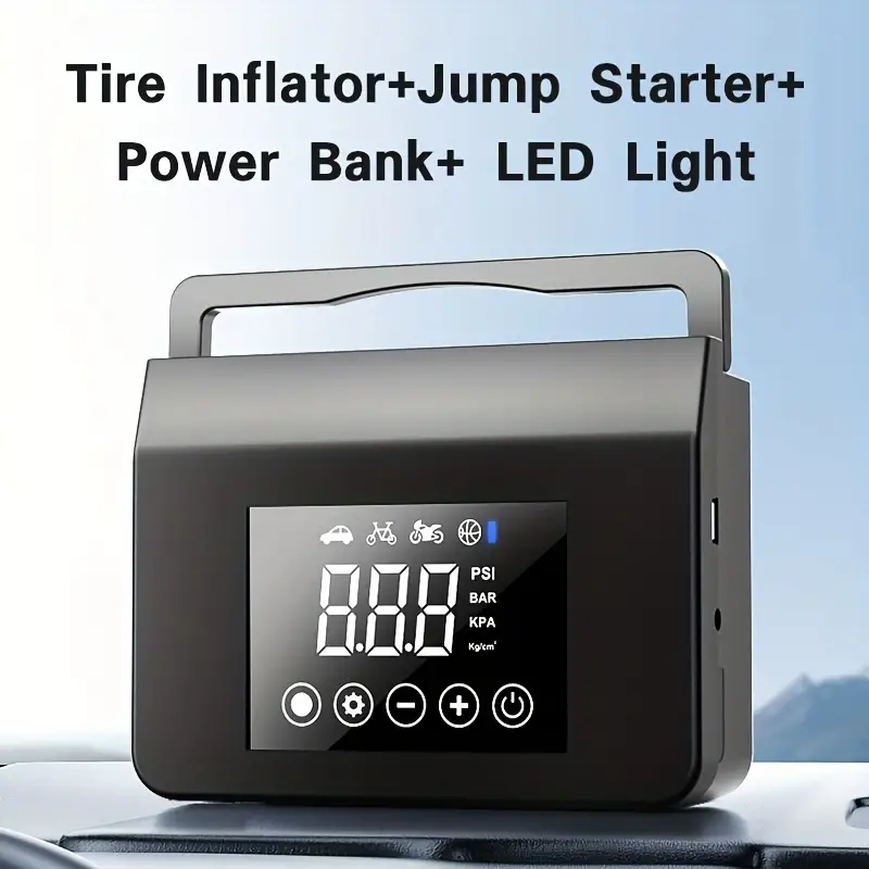 多機能 12V スマートジャンプスターター タイヤインフレーター、パワーバンク、車、バイク用 LED 緊急ライト付き