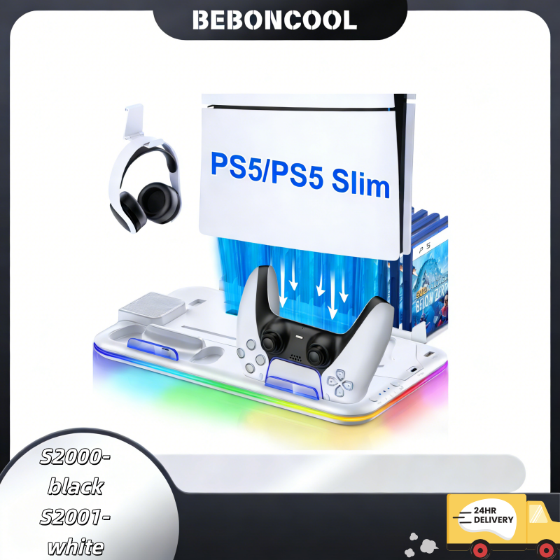 BEBONCOOL S2000 PS5 スリムスタンド | 3 ギア冷却 RGB ライト デュアル充電器 15 ゲーム スロット ヘッドセット ホルダー ディスク/デジタル プロ ゲーム用