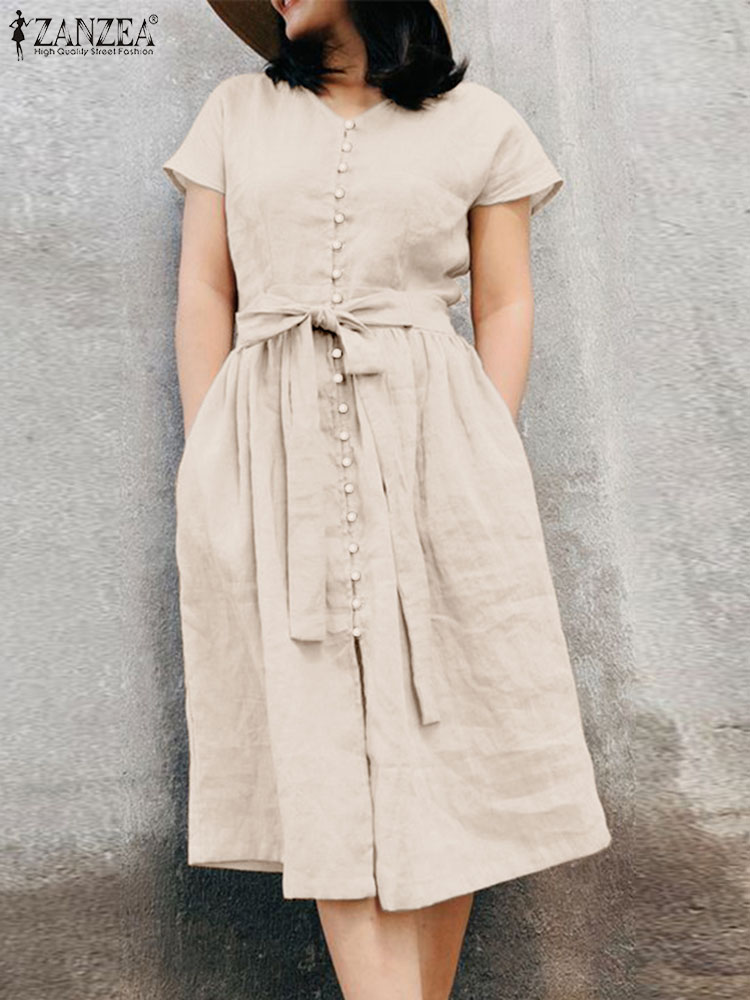 ZANZEA 女性ファッションソリッドドレス半袖 O ネックドレス夏エレガントな A ラインサンドレスヴィンテージオフィス OL Vestidos 特大
