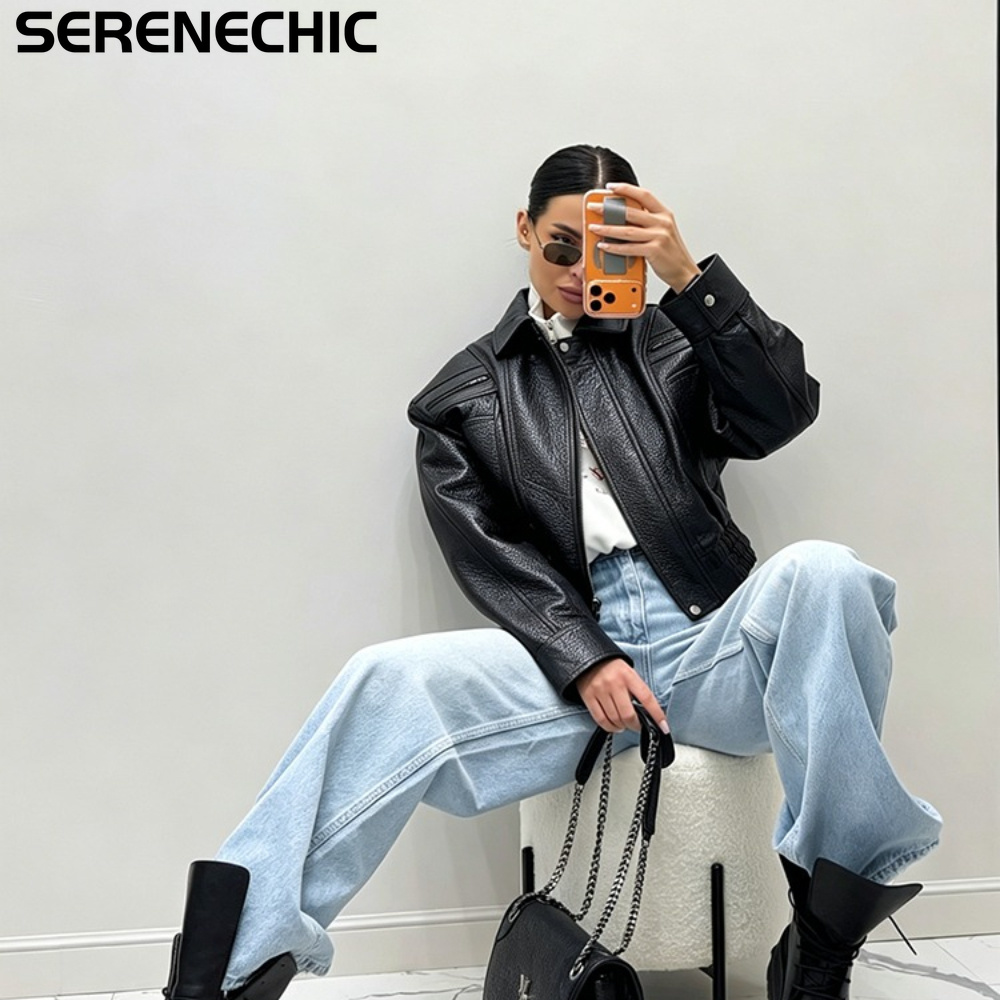 SERENECHIC テクスチャード PU アビエーター コート 弾性裾付き レディース ブラック クロップド フェイクレザー ジャケット 新しいヴィンテージ アウター 女性