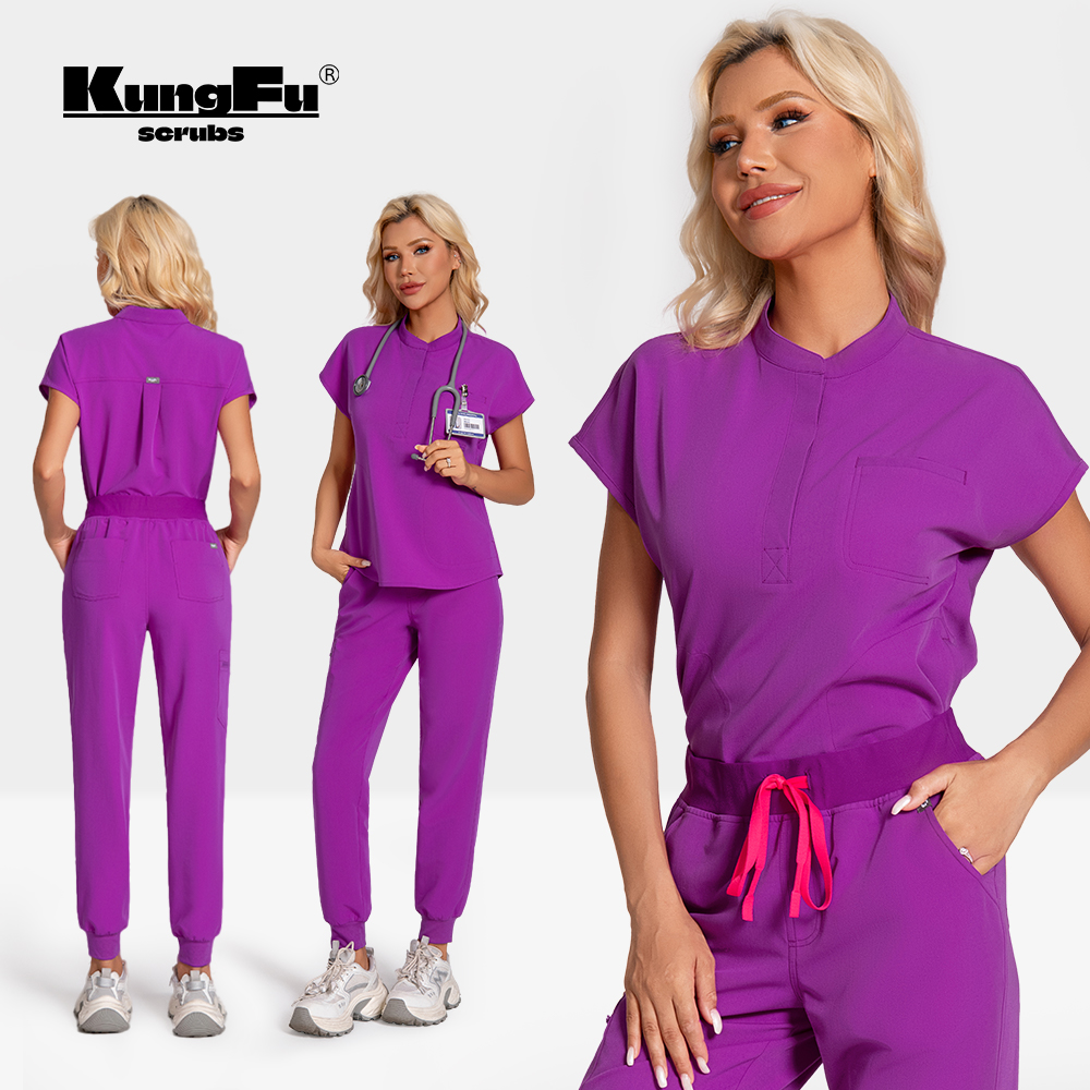 Nurses Uniforms Women Medical Scrubs Set Antibacterial Wrinkle Resistant Shirt Pant Fade Resistant Doctors Clothes KUNGFU SCRUBS