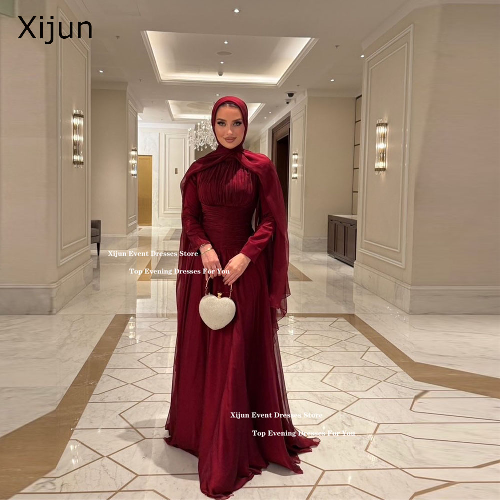 Xijun 高級ブルゴーニュロングイブニングドレス A ラインフルスリーブイスラム教徒のプロムドレスフォーマルな機会ドバイウエディングドレスカスタマイズ
