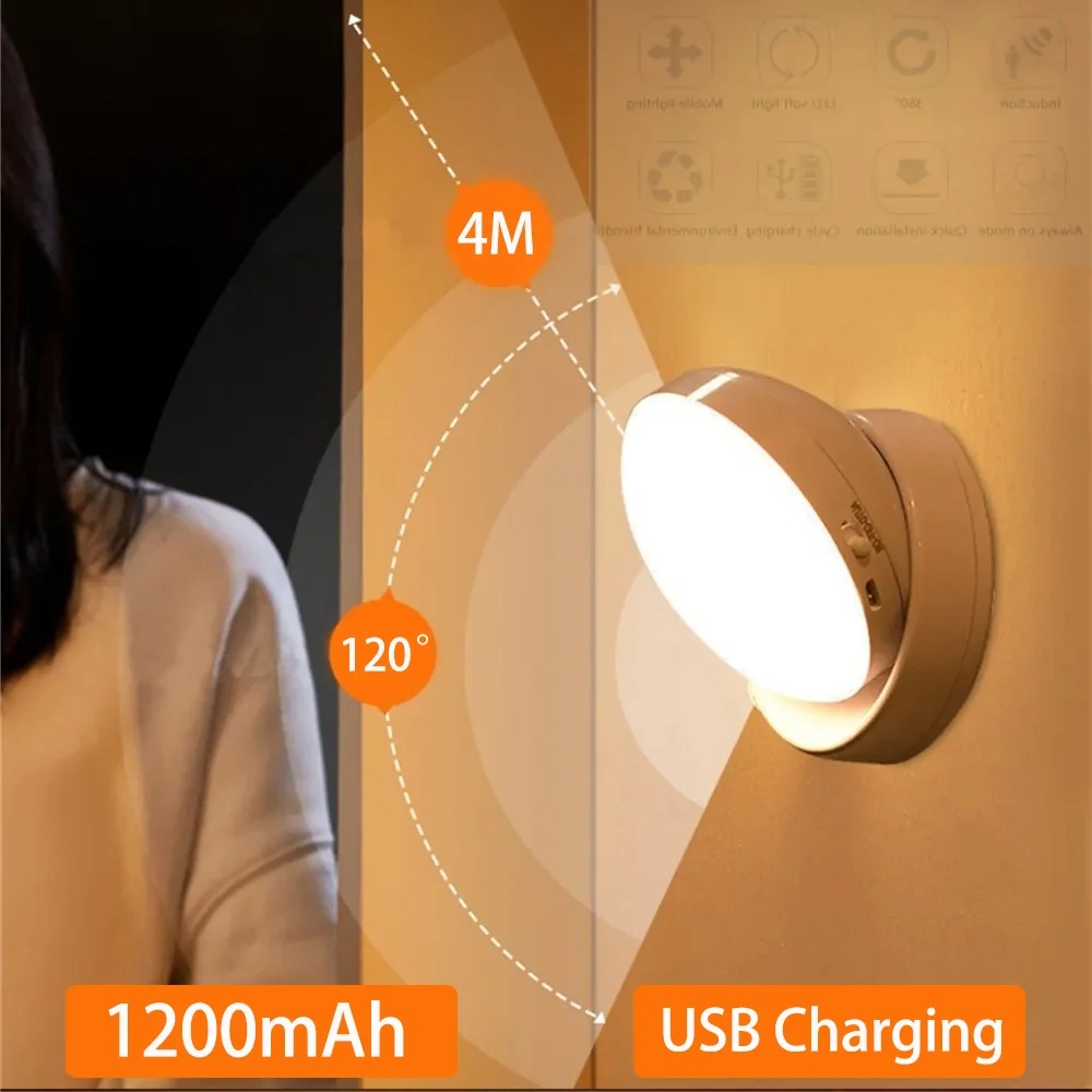ナイトライト USB モーションセンサー充電ラウンド省エネ Led ランプ寝室のライト廊下ホームバスルームの壁ライト常夜灯