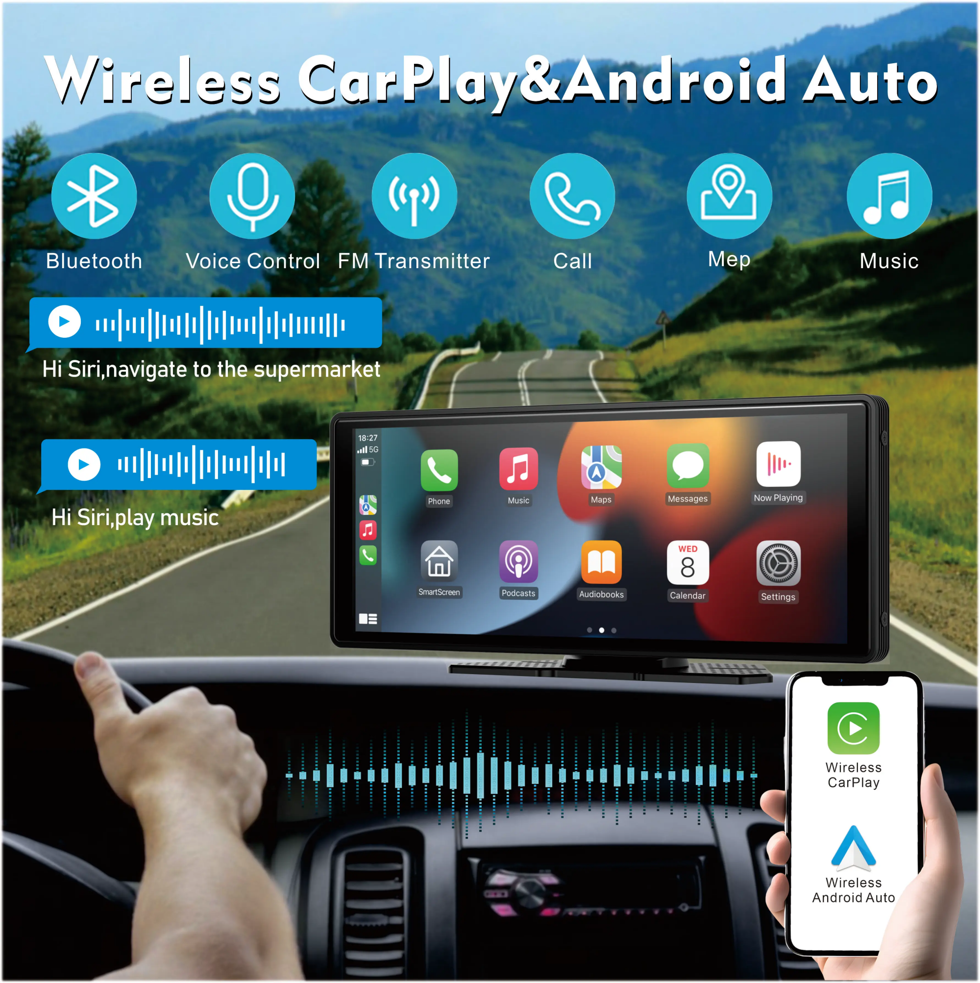 Android 自動タッチスクリーン カー ステレオ システムを搭載した車用ユニバーサル ポータブル ワイヤレス Carplay スクリーン