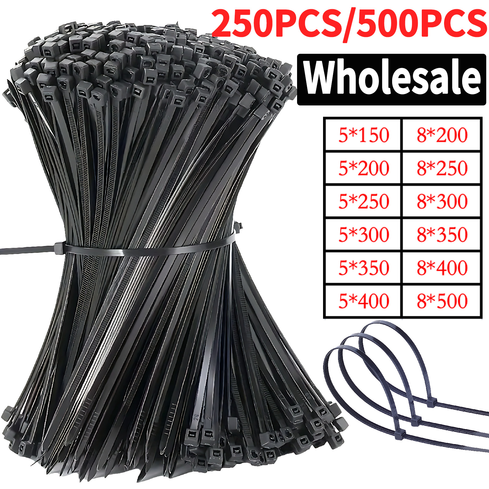 バルク セルフロック ナイロン ケーブル タイ 5x200mm 500mm ブラック |家庭用/工場用の高耐久耐候性結束バンド