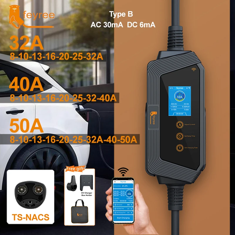 feyree ポータブル EV 充電器 TS-NACS コネクタ 32A 最大 50A 12KW ハイパワー EV ウォールボックス、スマート APP WIFI 付き、すべてのテスラモデル用
