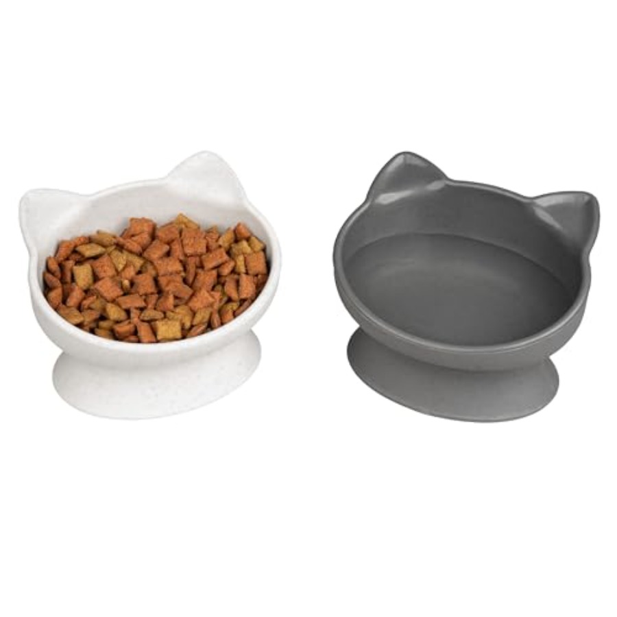 エレベーテッドキャットボウル 2個セット、ひげに優しい育てられたキャットフードと水の皿、モダンな台座デザイン、食器洗い機対応、6.5オンス