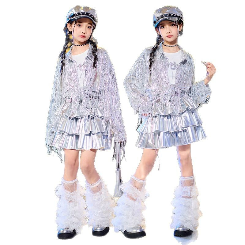 ヒップホップボーイズスパンコール Tシャツカーゴパンツガールズシルバークロップジャケット K-POP ティアードスカート子供ストリート子供ジャズダンスの服セット