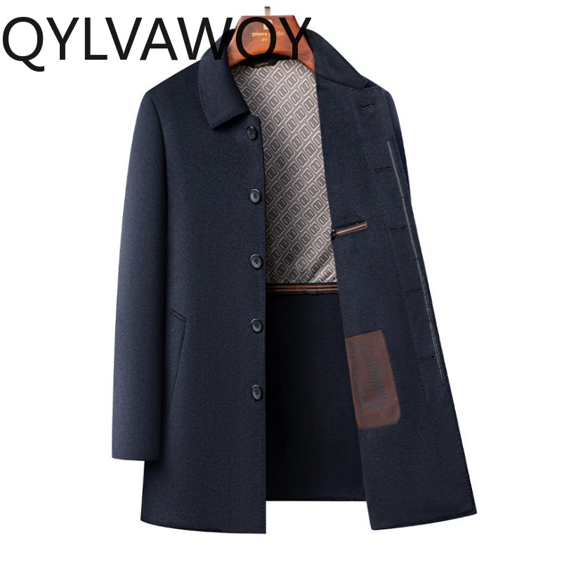 QYLVAWOY 100% ピュアウールマンジャケット春秋ラペルジャケットメンズウールとトレンチコートミッドレングスコート男性のための高品質