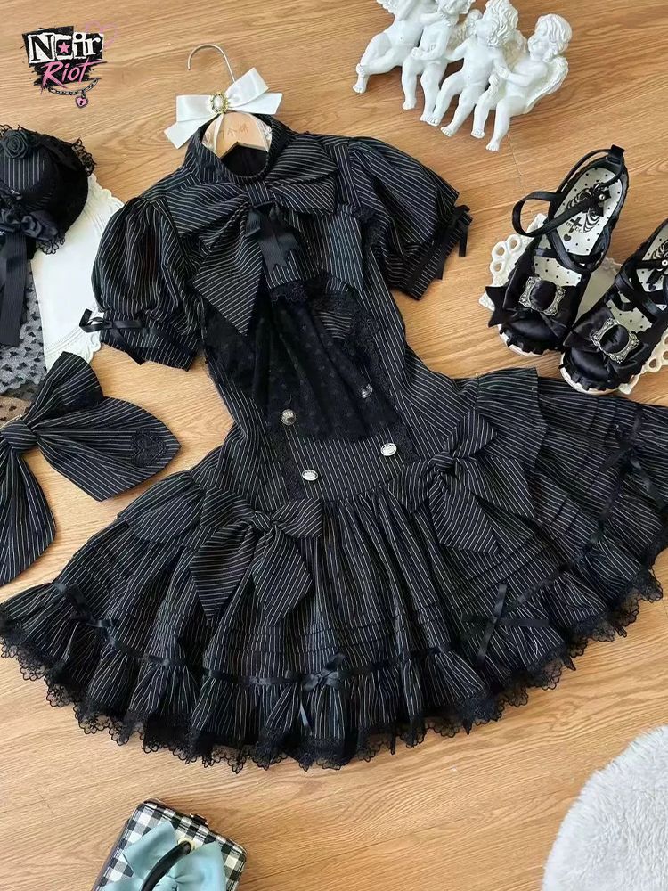 ゴシックロリータ原宿サブカルチャーストライプパフスリーブボウレースミニドレス女性 Y2k ダブルブレストカジュアルパーティー衣装新 2026