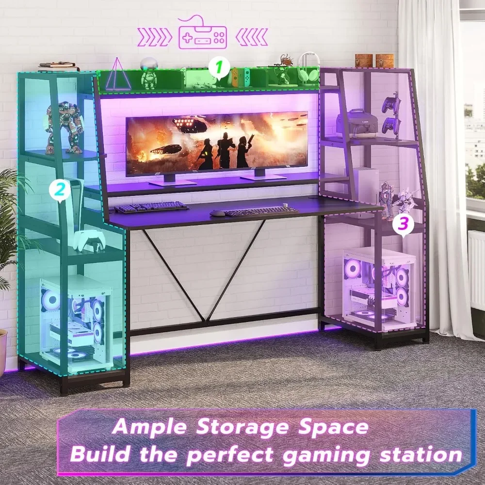 大型 PC ゲーマーデスクワークステーションゲーミングデスク LED ライト、ハッチと収納棚、モニタースタンド付きコンピュータデスク