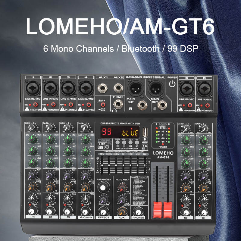 Lomeho 6 チャンネルミキシングコンソールモノラル 99 デジタルエフェクト USB サウンドカード DJ ミキサー Bluetooth 48V 2 AUX DJ カラオケオーディオテーブル AM-GT6