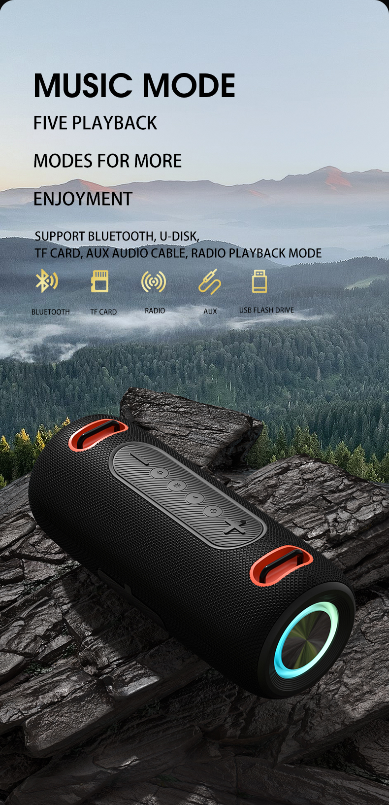 30W ポータブル Bluetooth スピーカー ハンドストラップ付き カラフルな RGB ライト 重低音サウンド TWS ステレオスピーカー 屋外用