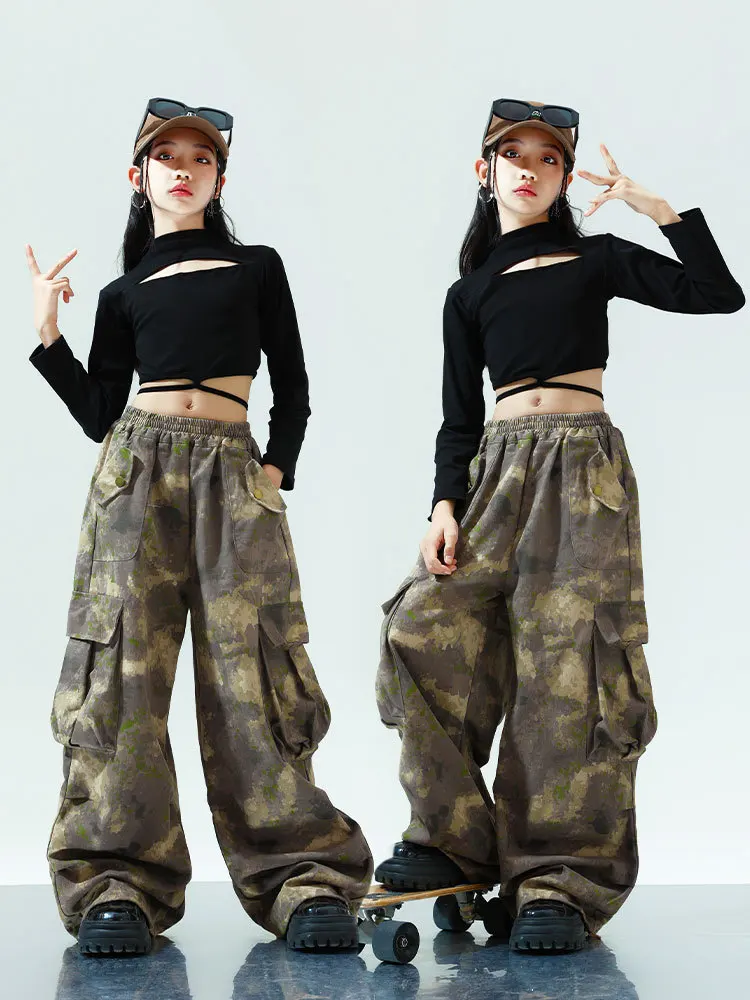 キッズジャズダンス衣装子供ファッション服黒クロップトップス迷彩パンツストリート女の子 Kpop ヒップホップ服