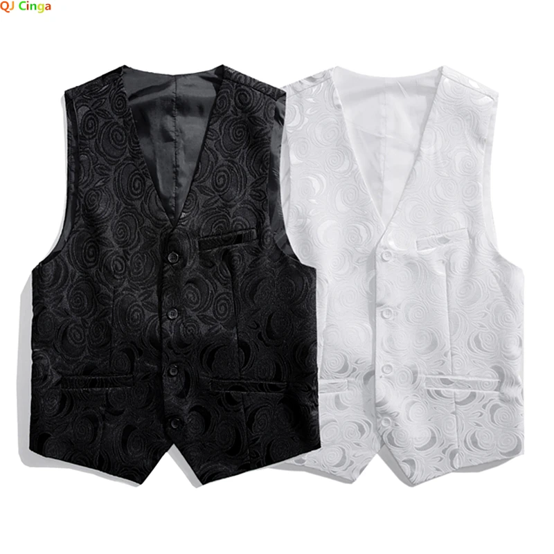 アジアサイズの男性バラ刺繍 V ネックノースリーブベストジャケット、白と黒のシングルブレストボタンスーツベスト男性チョッキ