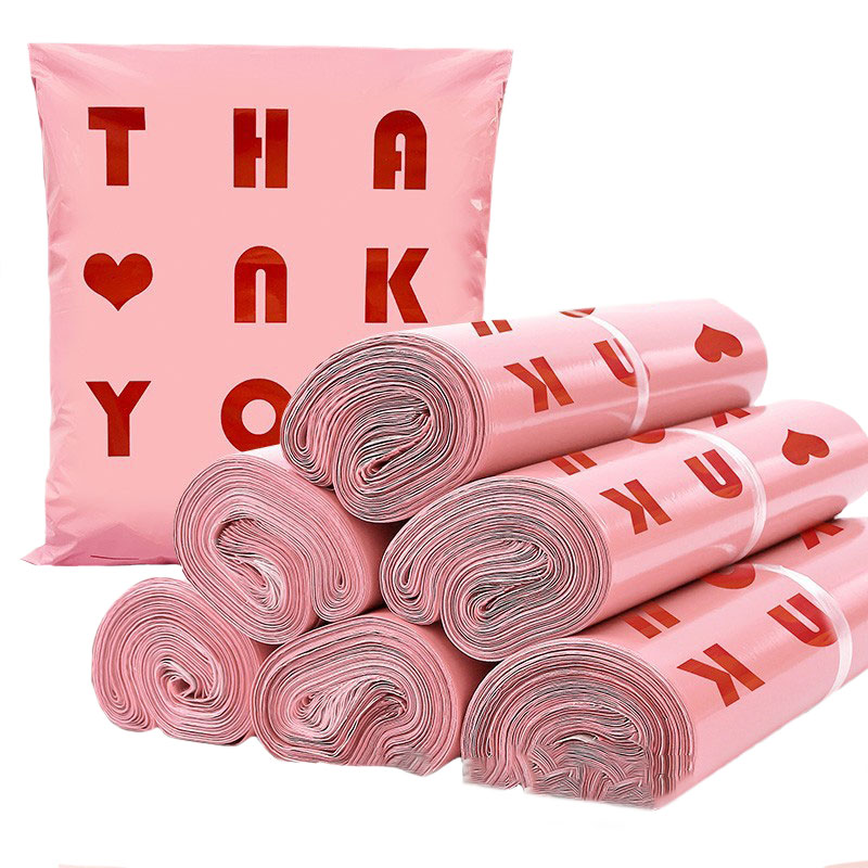 50枚入り PE製郵送用バッグ THANK YOU ハート柄封筒 宅配便用バッグ PE防水 厚手 速達郵便用 折りたたみ式ショッピングバッグ