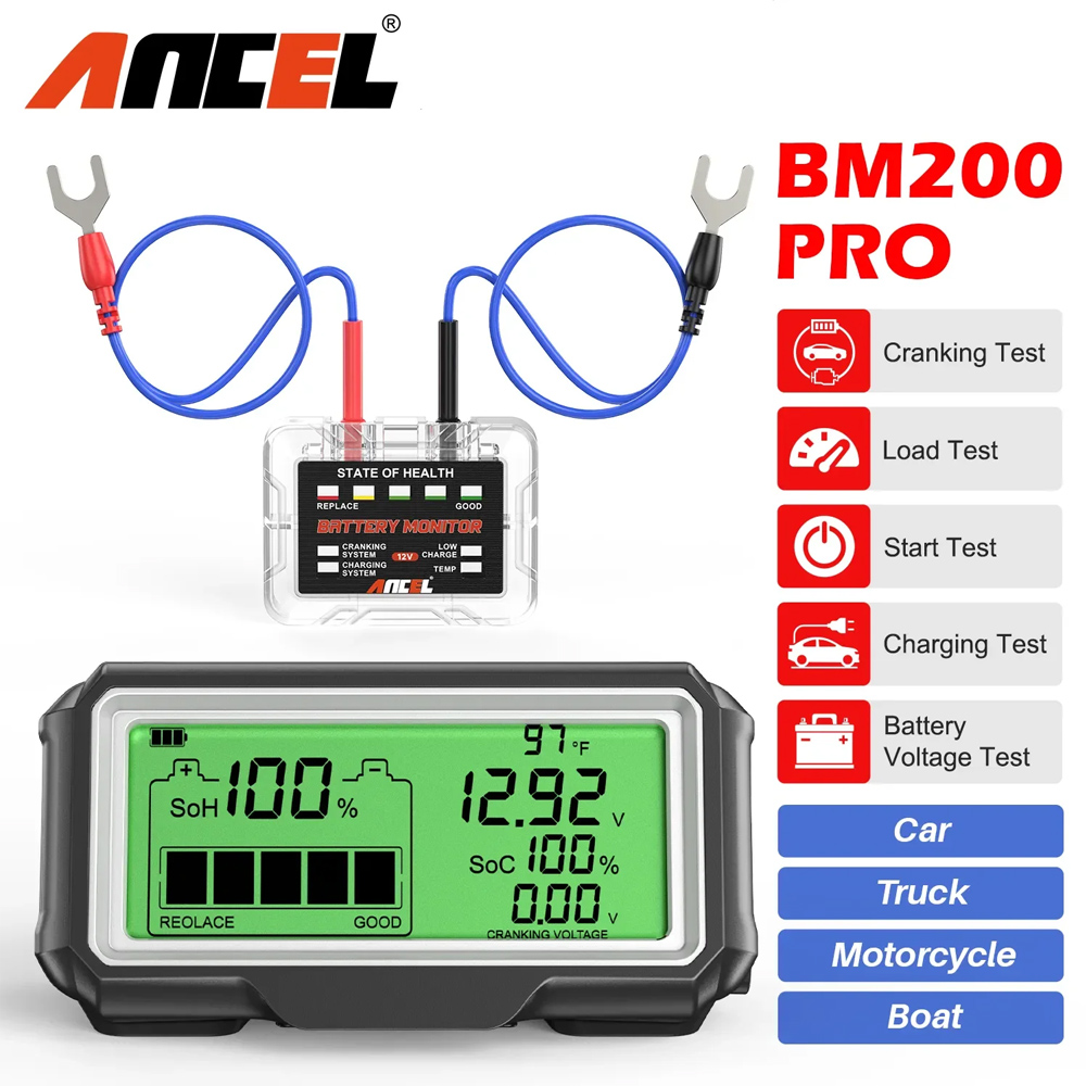ANCEL BM200 プロ 12V LED 車バッテリーテスターモニターヘッドアップディスプレイ防水 SOH SOC 充電バッテリー容量アナライザーツール