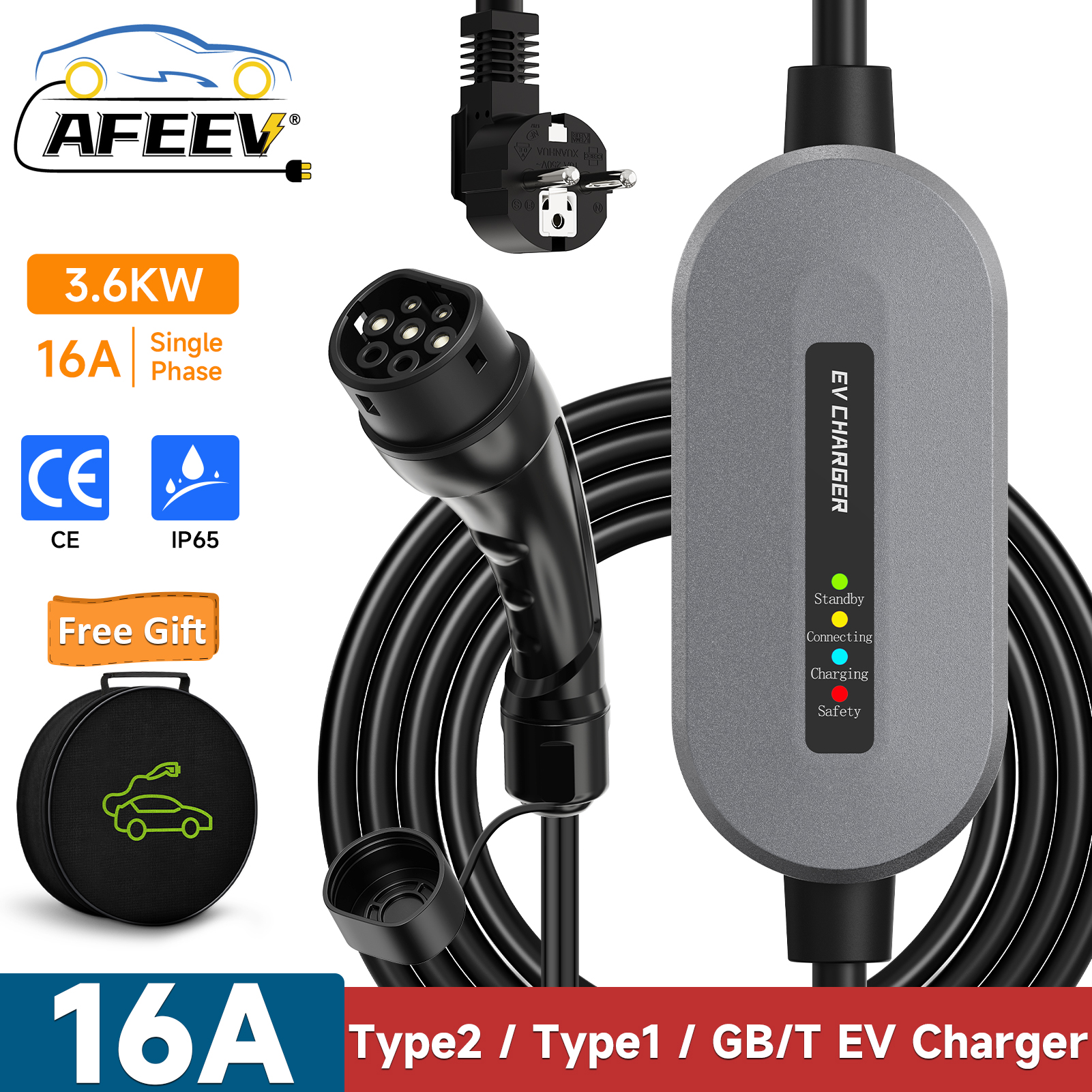 AFEEV 電気自動車充電器 3.6kW 16A タイプ 2 ポータブル EV 充電器タイプ 1 GB/T 80V-260V 充電ケーブル電気自動車用